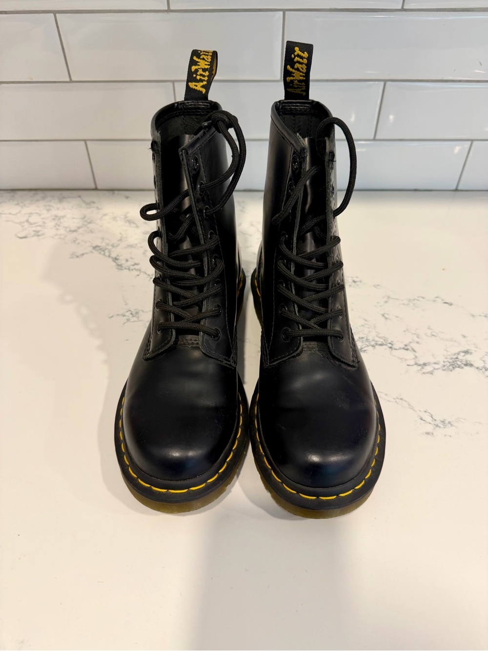 Dr. Martens Black Leather Lace-Up Boots with Yellow Stitching